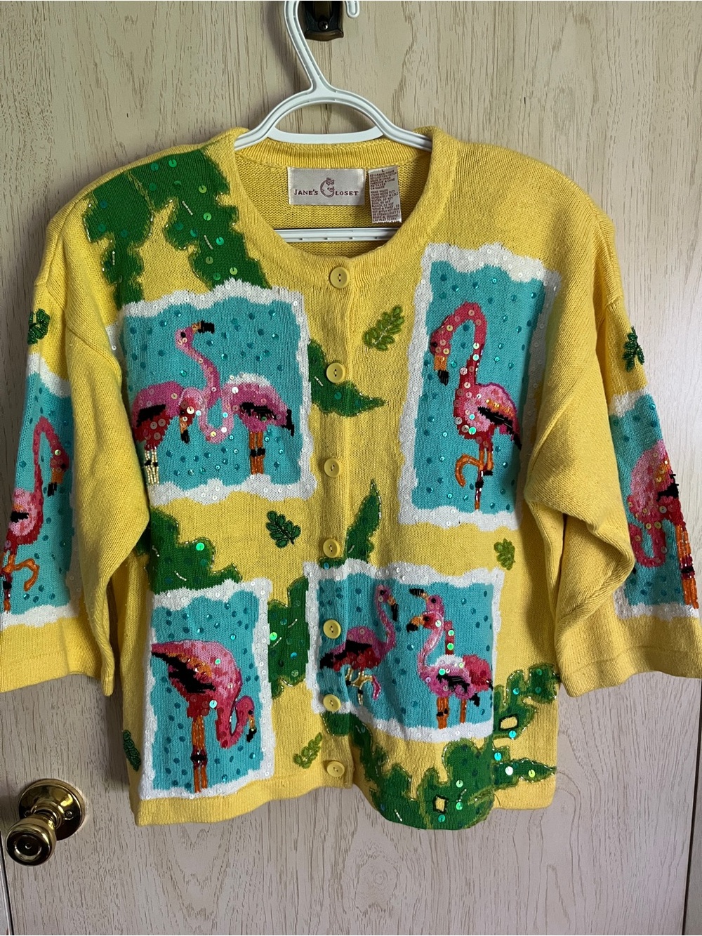 Vintage Jane’s Closet Yellow Sequin Button Up Flamingo Cardigan Sweater Sz Large